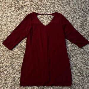 Burgundy V-Neck Mini 3/5 Sleeve Dress